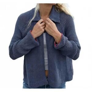 NEW WOODEN SHIPS heart back chunky cotton cardigan in indigo coast heather/ appl
